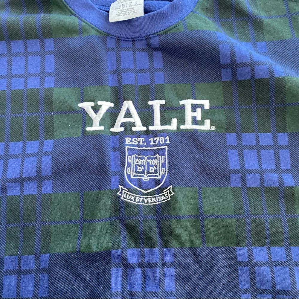 Yale Bulldogs Varsity Letterman Blue Green Plaid Crewneck Sweater Small - Picture 4 of 6